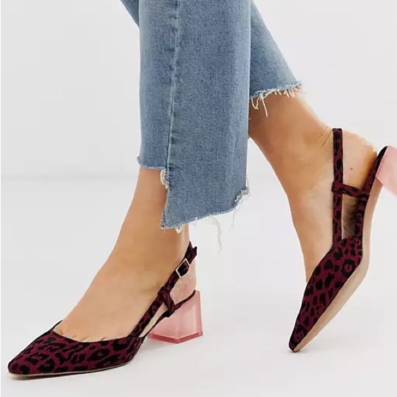 ASOS DESIGN Sleek Square Toe Slingback Mid-Heels in Burgundy Leopard - Picture 7 of 9
